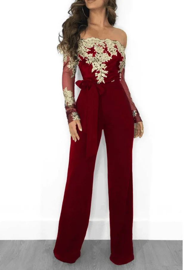 Appliques Lace Patchwork Off Shoulder Jumpsuit for Women with Slash Neck Long Sleeve and Elegant Wide Leg Pants Party Overalls