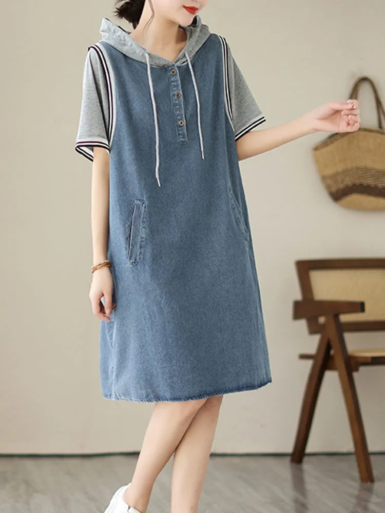 Denim Mini Dress Women Loose Elegant Vintage Casual