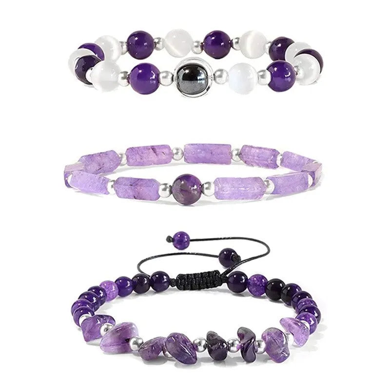 3pcs Set Amethyst Healing Bracelet for Weight Loss and Meditation - Body Purifying Crystal Jewelry for Men and Women