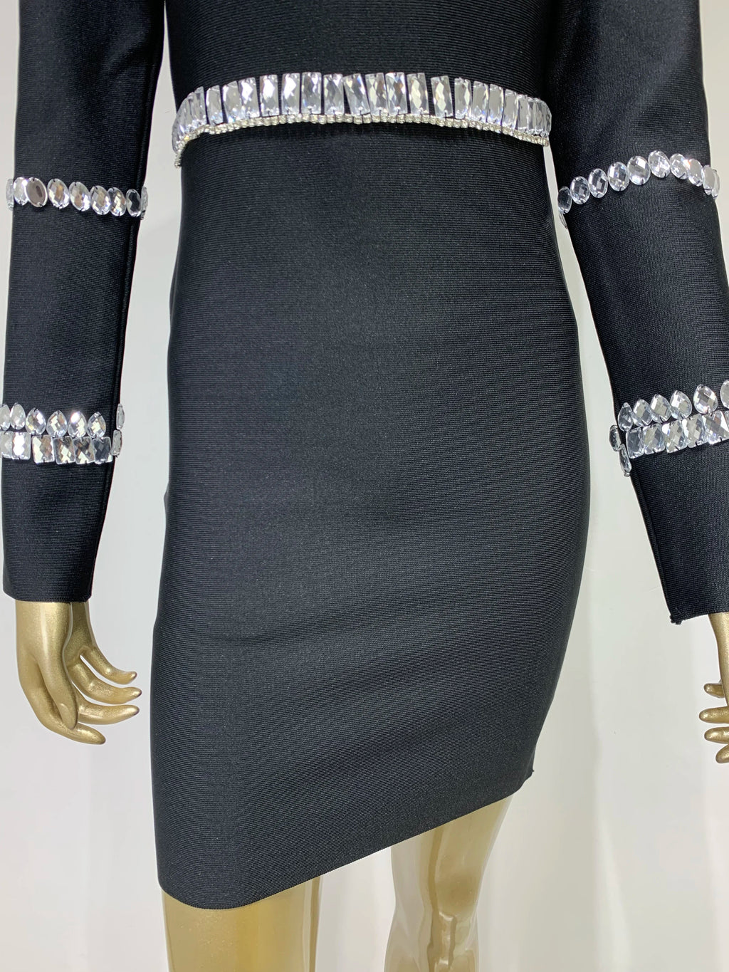 Nude Bandage Dress Beaded Turtleneck Long Sleeve Evening