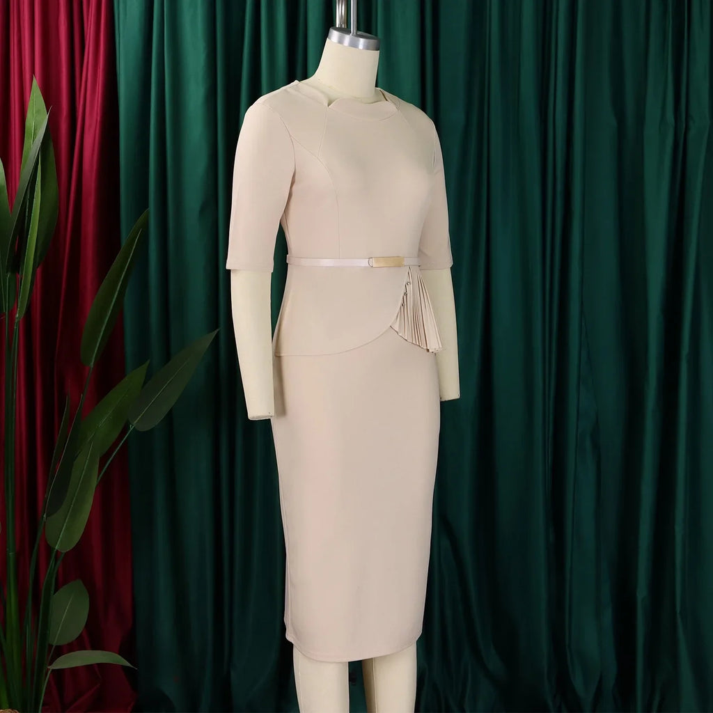 Women Square Neck Bodycon Midi Dress Belted For Work