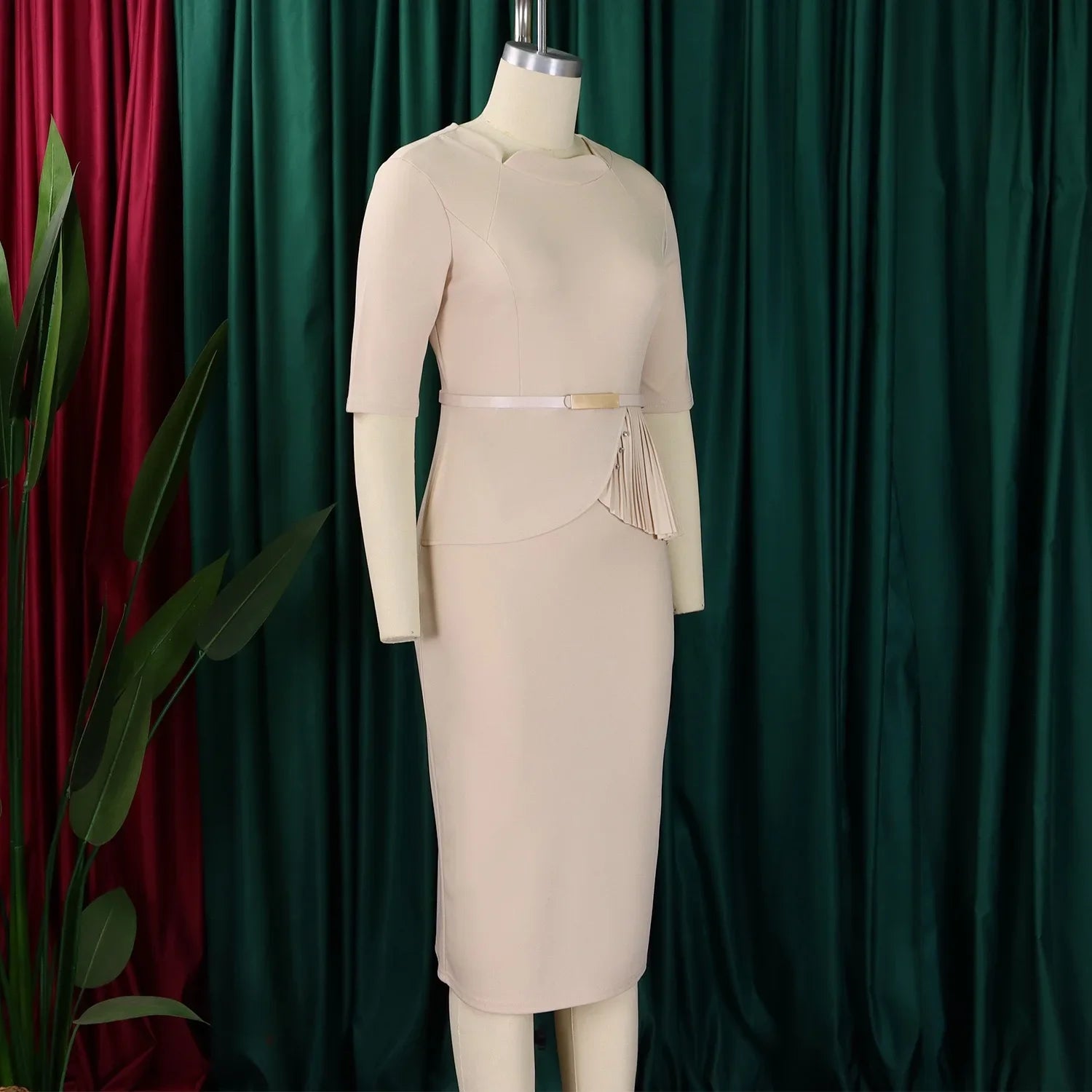 Women Square Neck Bodycon Midi Dress Belted For Work