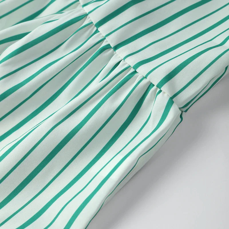 Elegant Women Striped Bow Tie Lace Up Blouse Round Neck Short Sleeve Puff Sleeve Loose Fit Vintage Chic Top for Spring and Summer