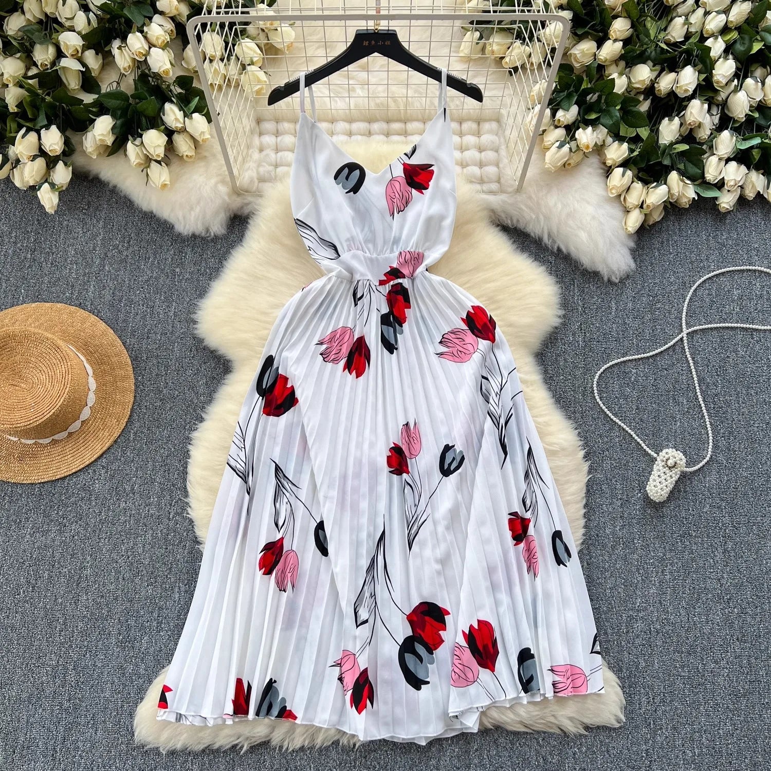 Floral Print Maxi Dress High Waist Spaghetti Strap Backless