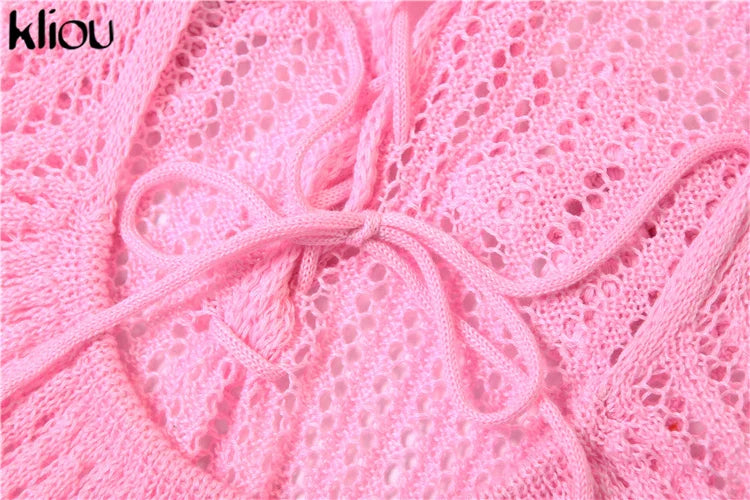 Knitted Floral Women Jumpsuit Sexy Pleated Halter Neck Bandage Low Back Skinny Overalls Trendy Solid Streetwear