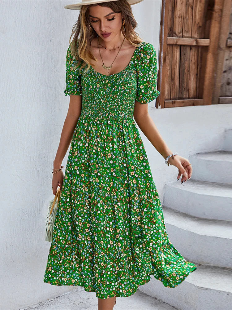 Boho Floral Sundress For Women Vintage Beach Bohemian Dress