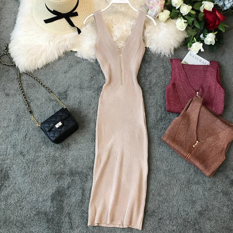 Sexy Zipper V Neck Knit Bodycon Midi Dress For Summer