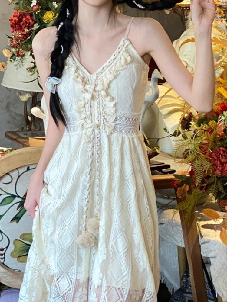 Boho Lace Maxi Dress For Women Sleeveless V Neck Sundress