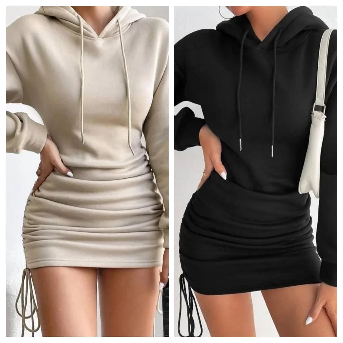 Hoodie Dress With Drawstring Ruched Drop Shoulder For Women