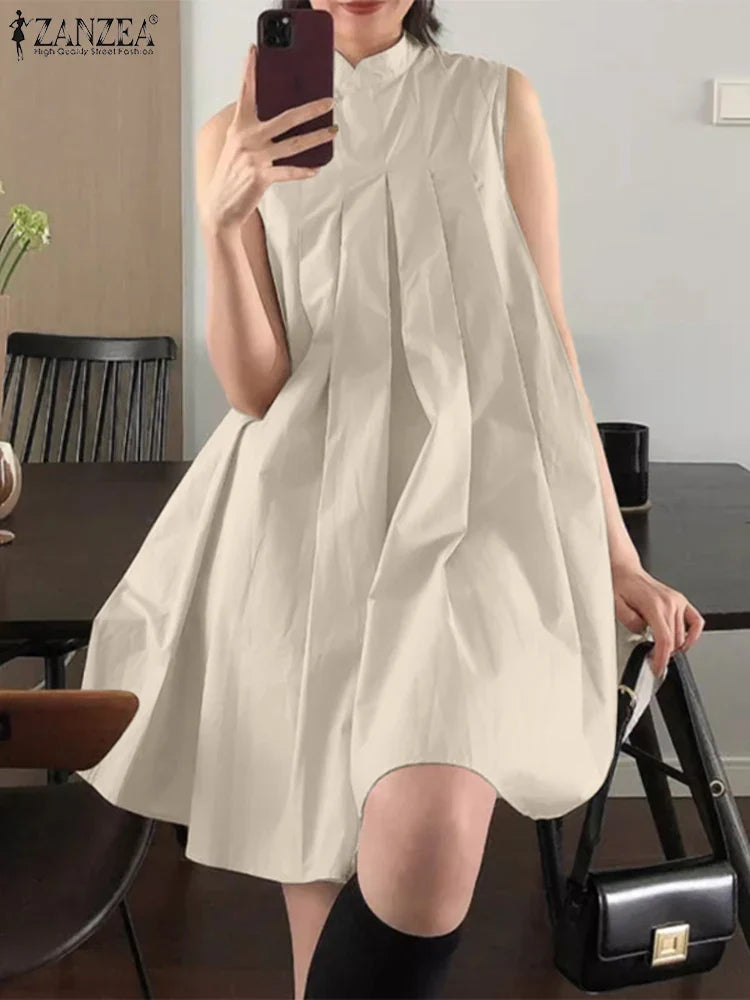 Mandarin Collar Pleated Sundress Women Sleeveless A Line