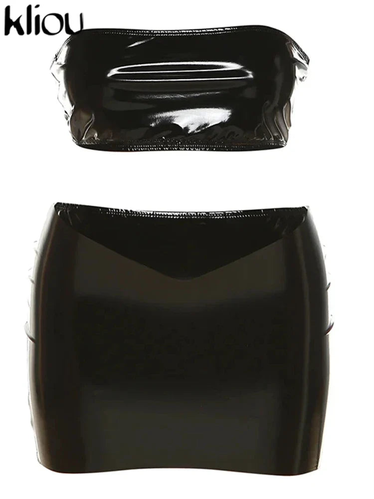 Shiny Solid Two Piece Set for Women Sexy Wrapped Chest Crop Top and Irregular Shape Skinny Hip Skirt Midnight Party Clubwear