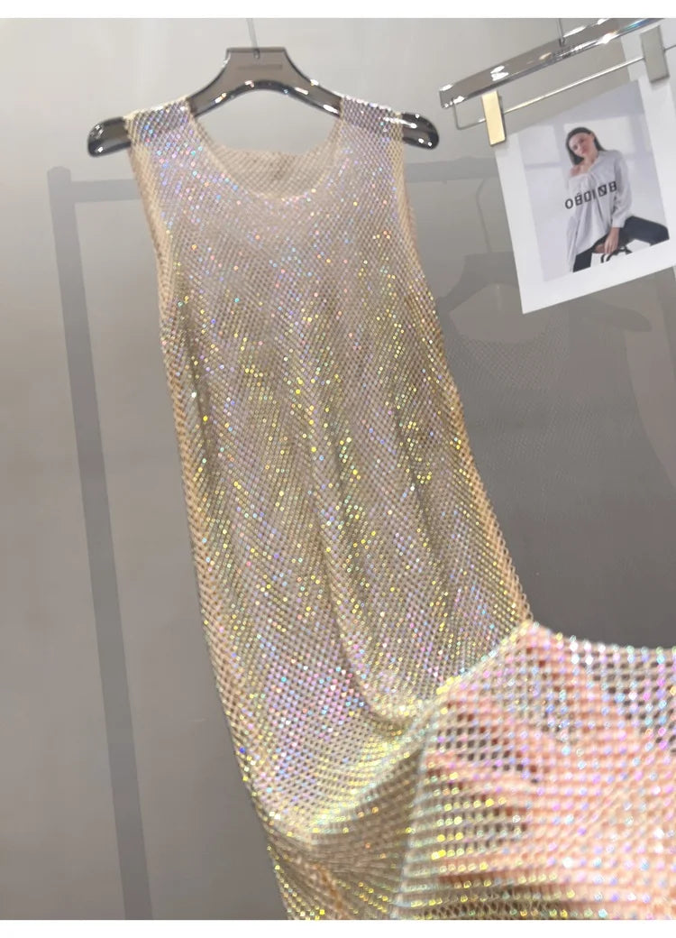 Rhinestone Mesh Midi Dress for Sexy Party and Clubwear