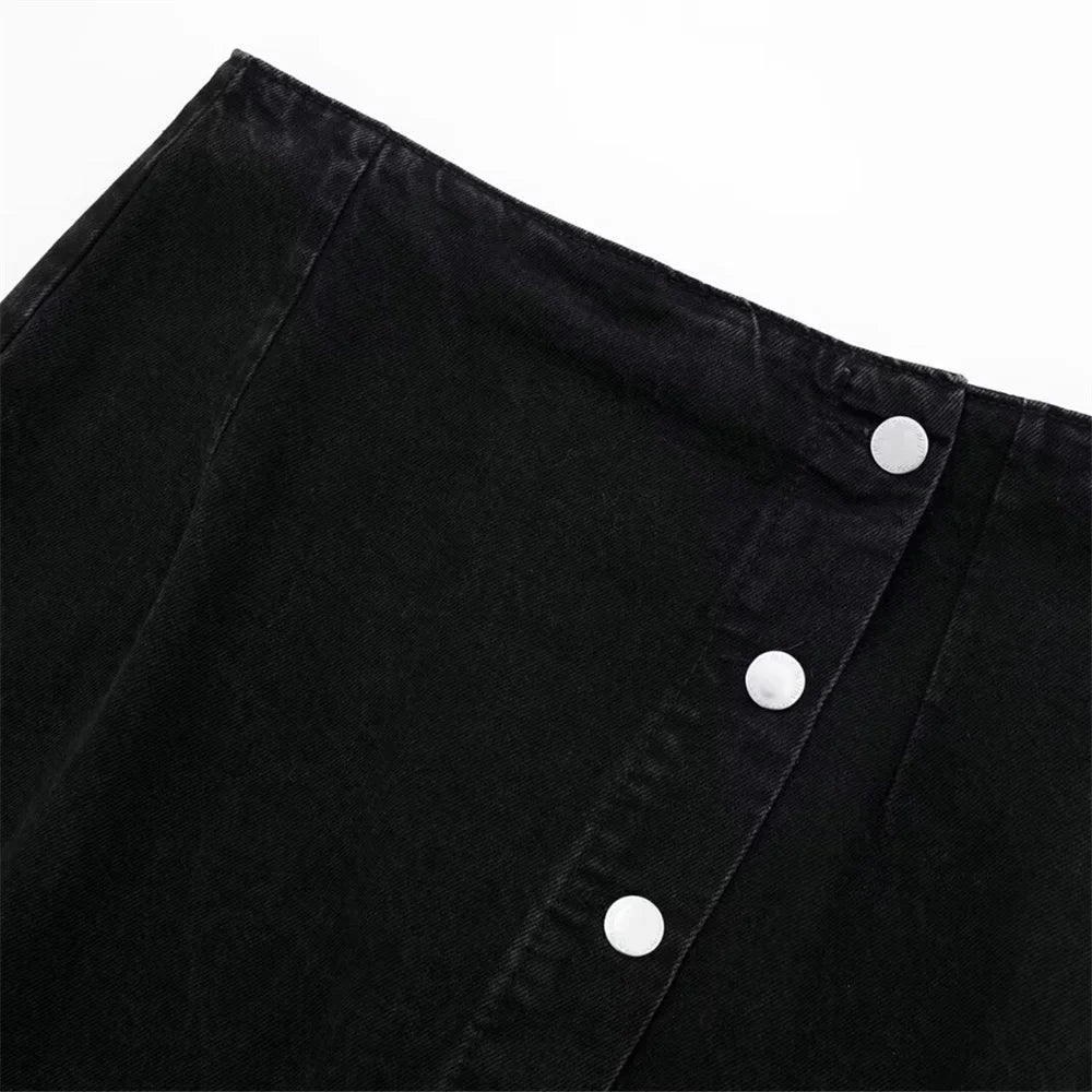 Women's Chic Short Denim Tank Top and Double Breasted Midi Denim Skirt Set Slimming Casual Fashion Ensemble