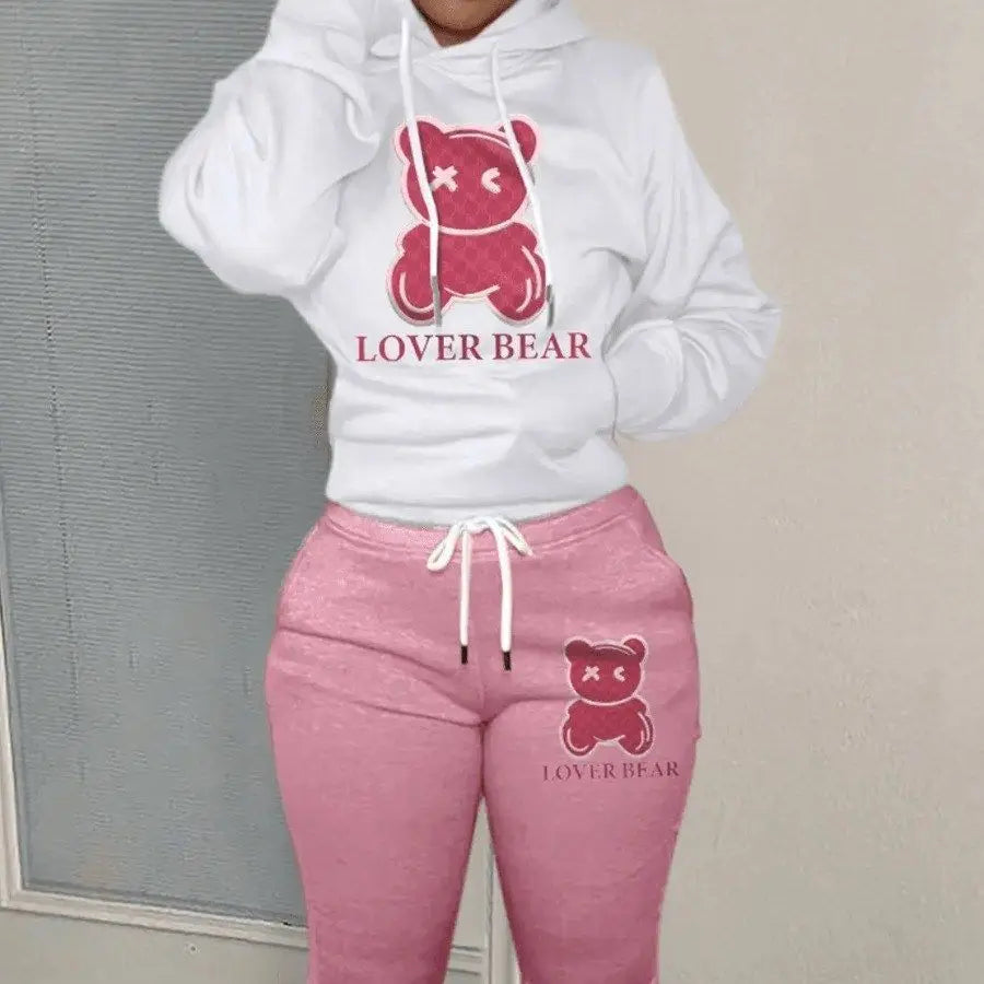 Cozy Plus Size Women's Autumn Winter Cartoon Bear Print Hooded Sweater and Woolen Pants Lounge Set