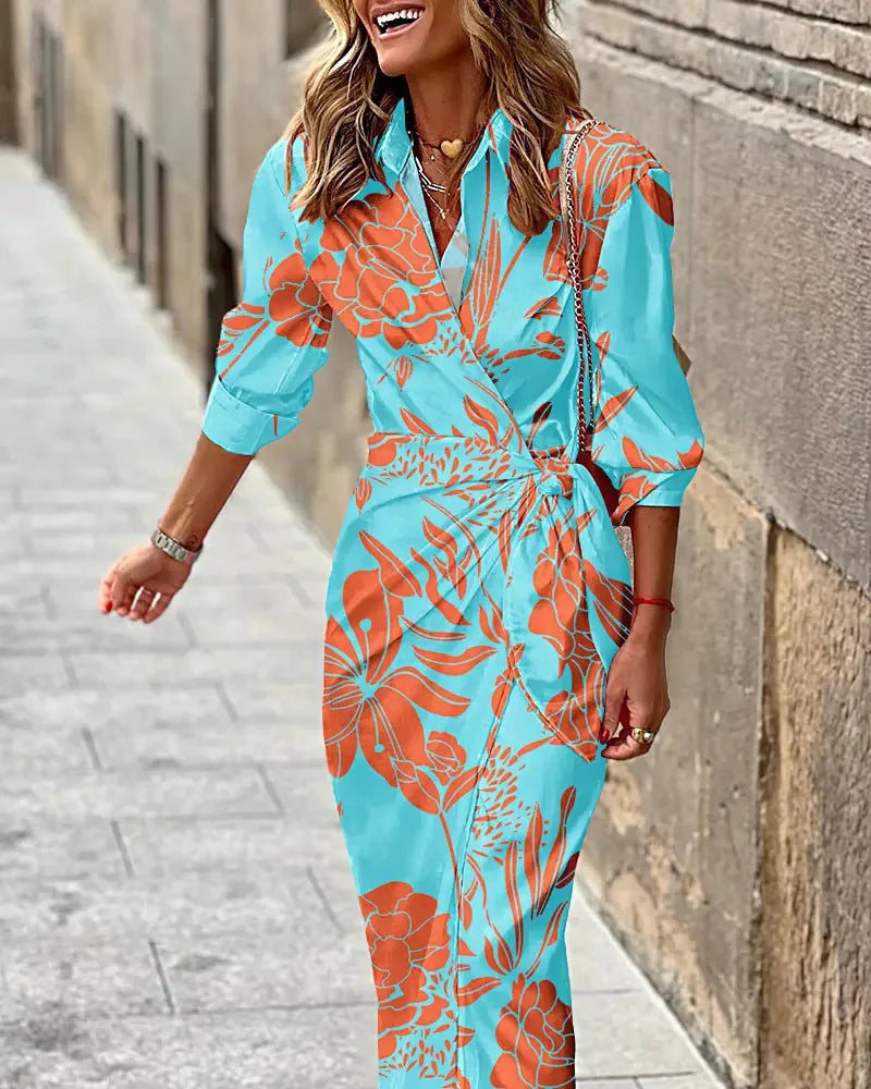 Printed Striped Shirt Collar Midi Dress For Women Everyday