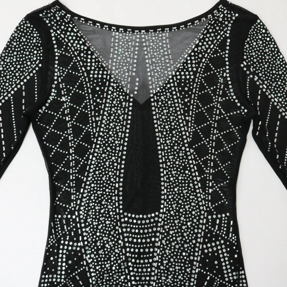 Sexy Mesh Diamond Embellished Maxi Dress for Evening Party