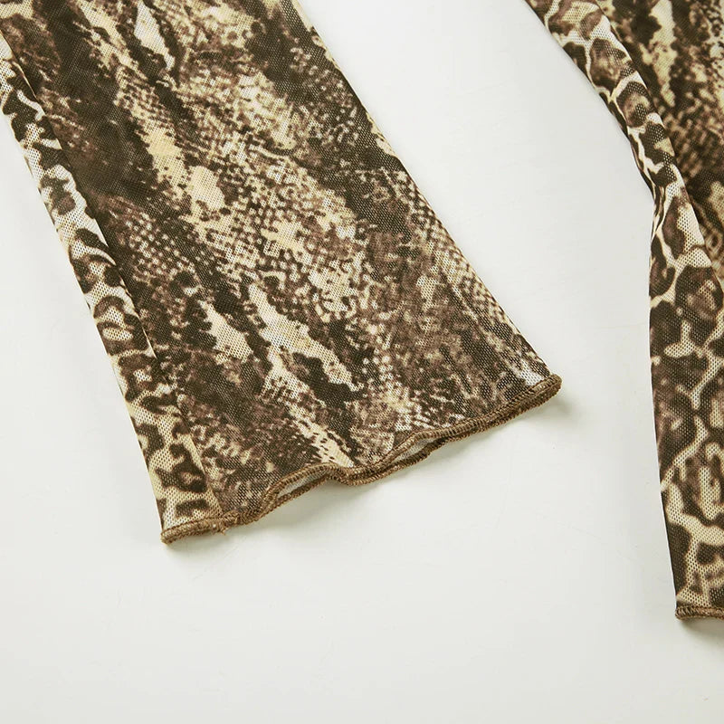 Casual Leopard Fur Trim Sheer Mesh V-Neck Long Sleeve Slim Bandage Blouse for Women