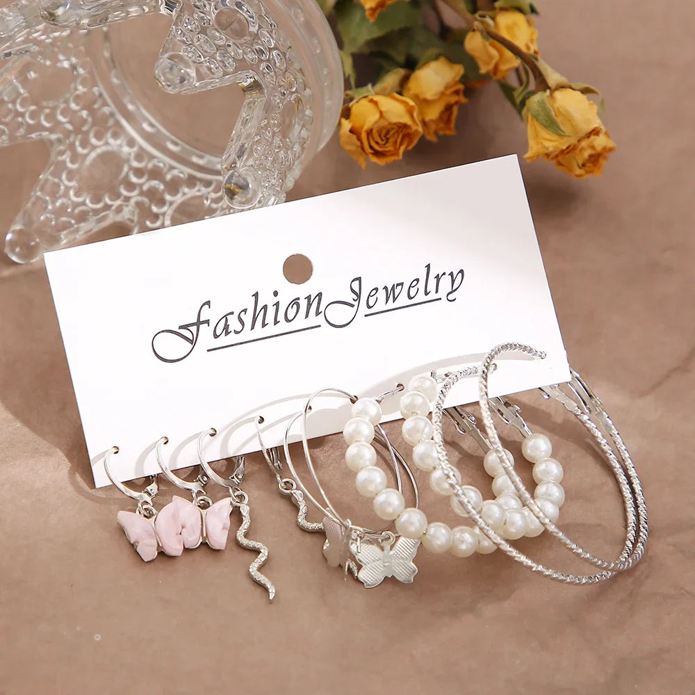 Fashion Silver Color Round Pearl Hoop Earrings Set for Women with Snake and Butterfly Dangle Design