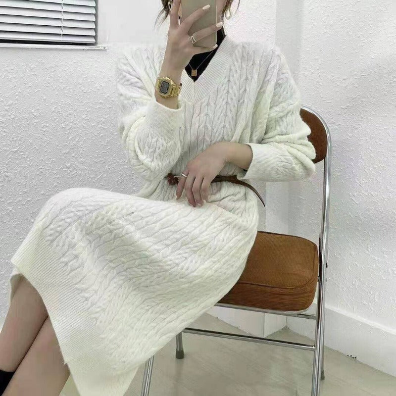 Autumn Knit Sweater Dress Long Sleeve V Neck Women
