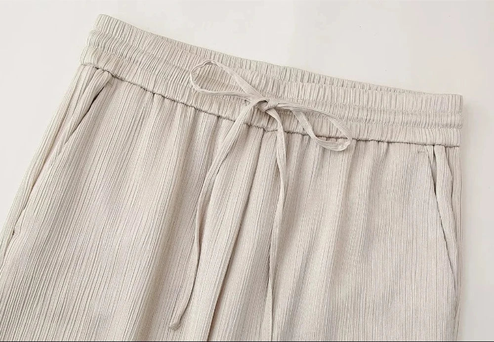 Women's Satin Blazer and High Waisted Straight Leg Pant Set with Crease Texture