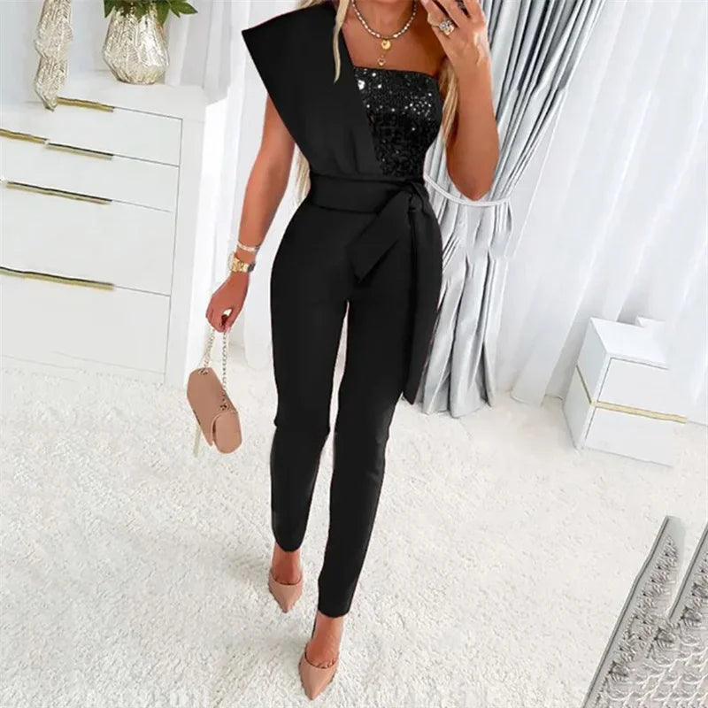 Women's One Shoulder Backless Sequined Jumpsuit Slim Fit Stretch Lace-Up High Waist Romper with Back Zipper