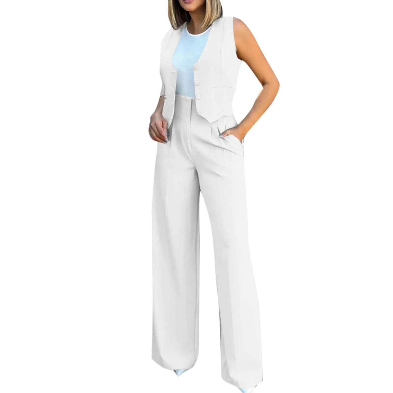 Sleeveless V-Neck Vest and Wide Leg Pants Suit for Women