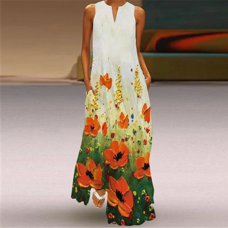 Sleeveless V Neck Printed Maxi Dress for Summer Heat