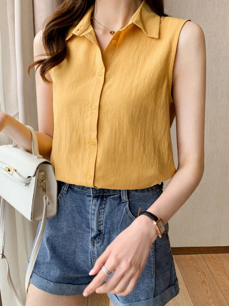 Sleeveless Turn-Down Collar Blouse for Women Elegant OL Style Workwear Shirt Lightweight Summer Top