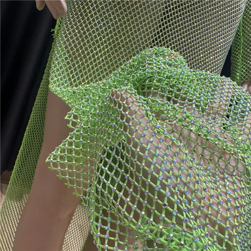 Rhinestone See Through Club Dress With Fishnet Details