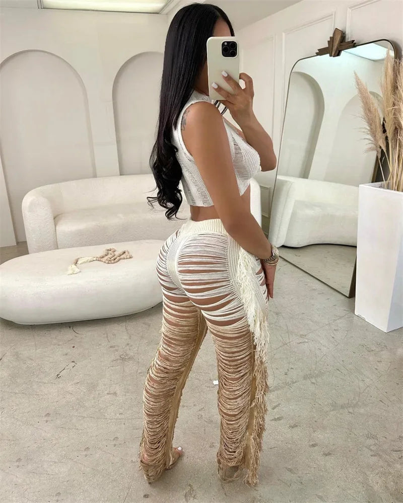 Gradient Color Crochet Two Piece Set for Women Summer Beach Vacation Outfit with Crop Top and Wide Leg Pants