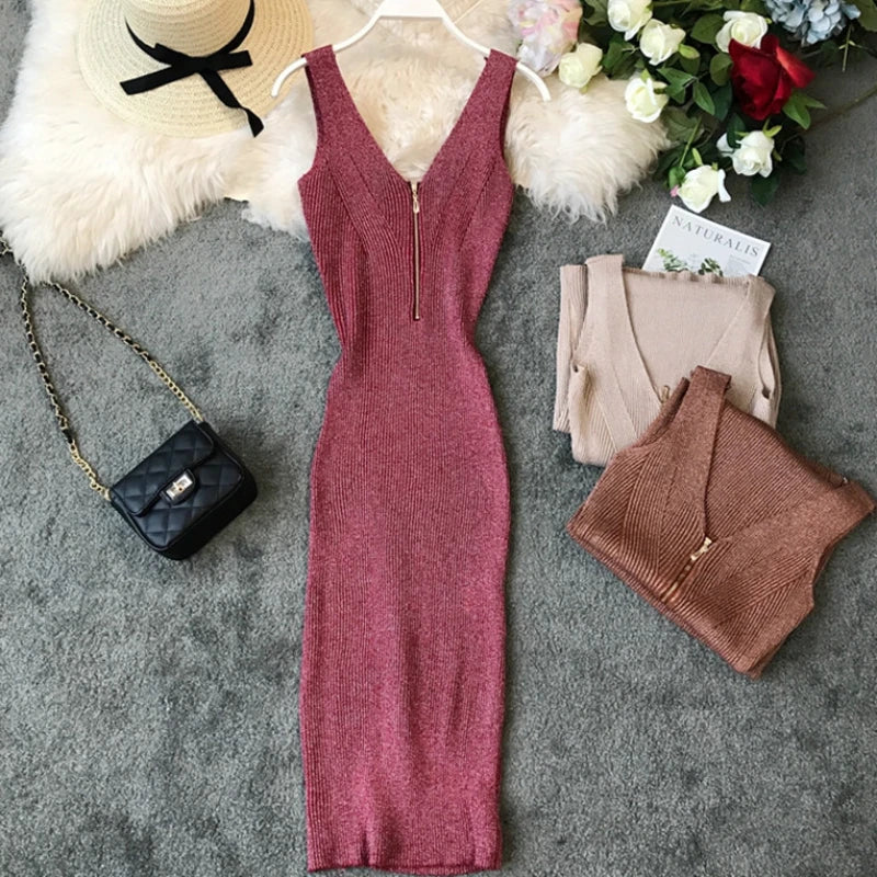 Sexy Zipper V Neck Knit Bodycon Midi Dress For Summer