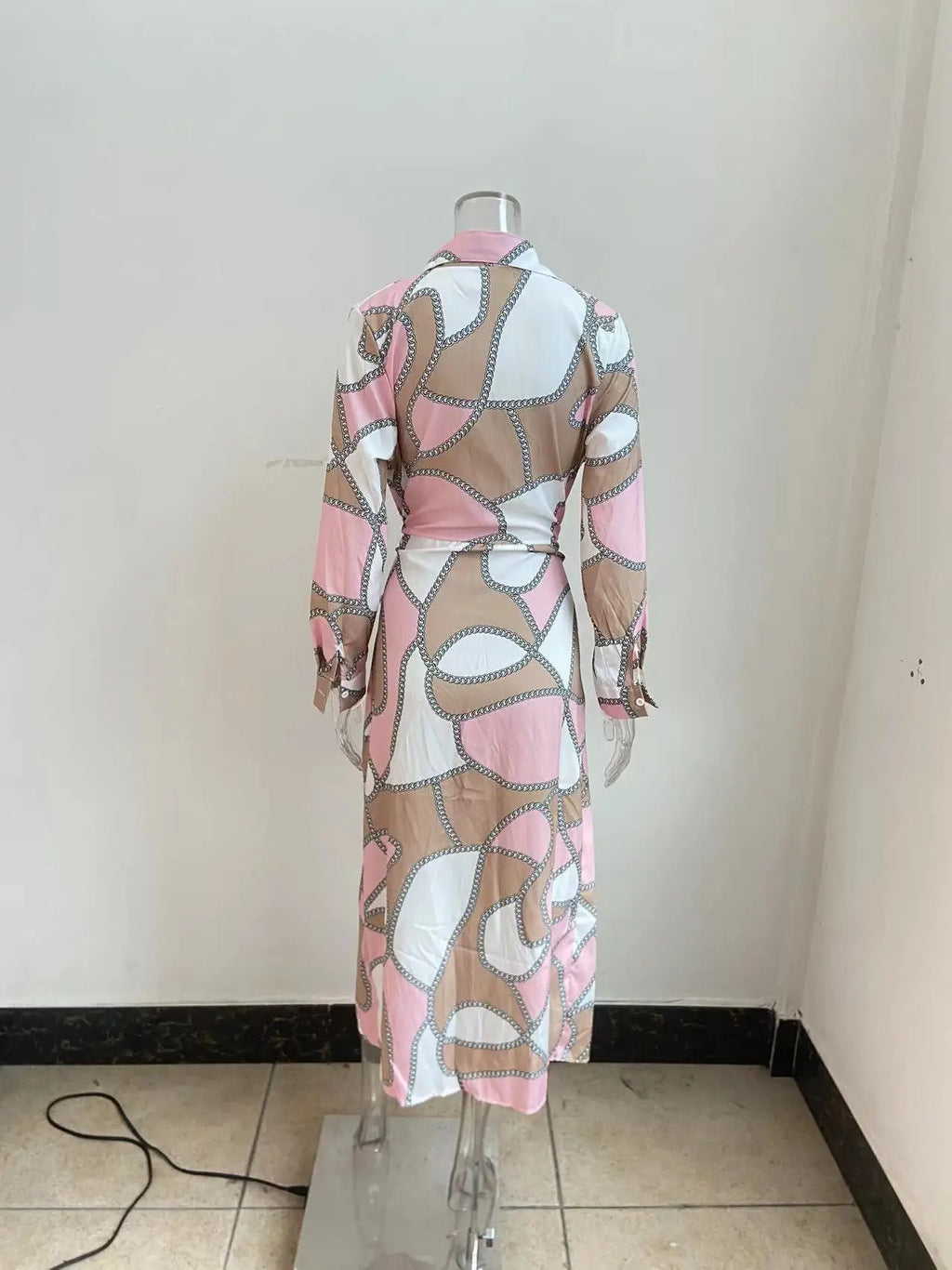 Printed Striped Shirt Collar Midi Dress For Women Everyday