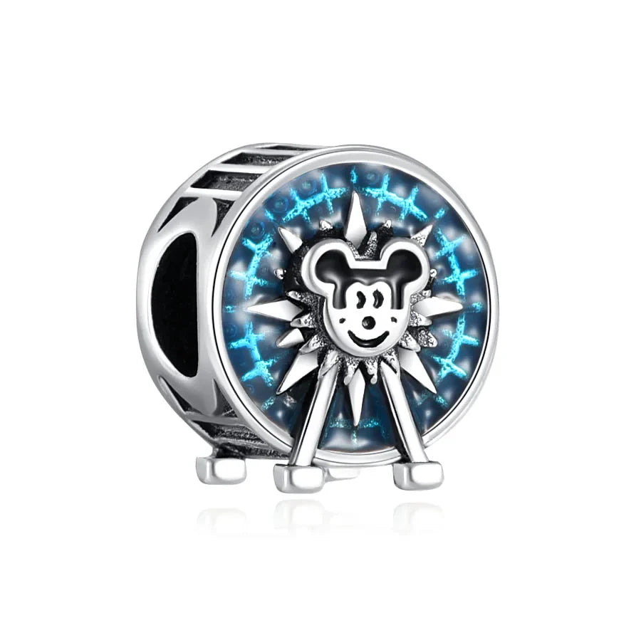 Disney 925 Sterling Silver DIY Charm Compatible With 3mm Bracelets Featuring Mickey Mouse Ferris Wheel And Suitcase Designs
