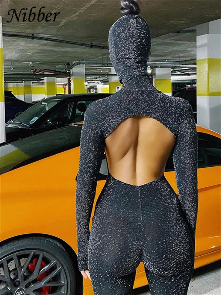 Nibber Glitter Silk Two Piece Playsuit Set for Women Sexy Backless Long Sleeve Jumpsuits Club Party Wear One Piece Outfit