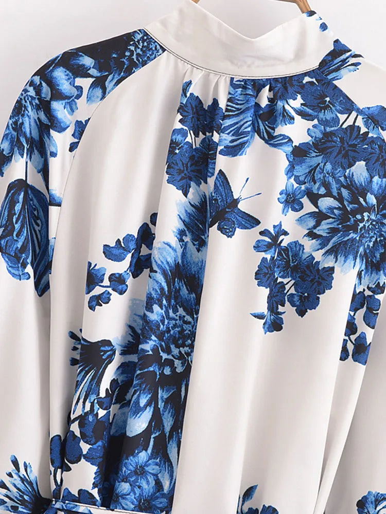 Womens Vintage Print Mini Dress With Bow Sash Long Sleeve