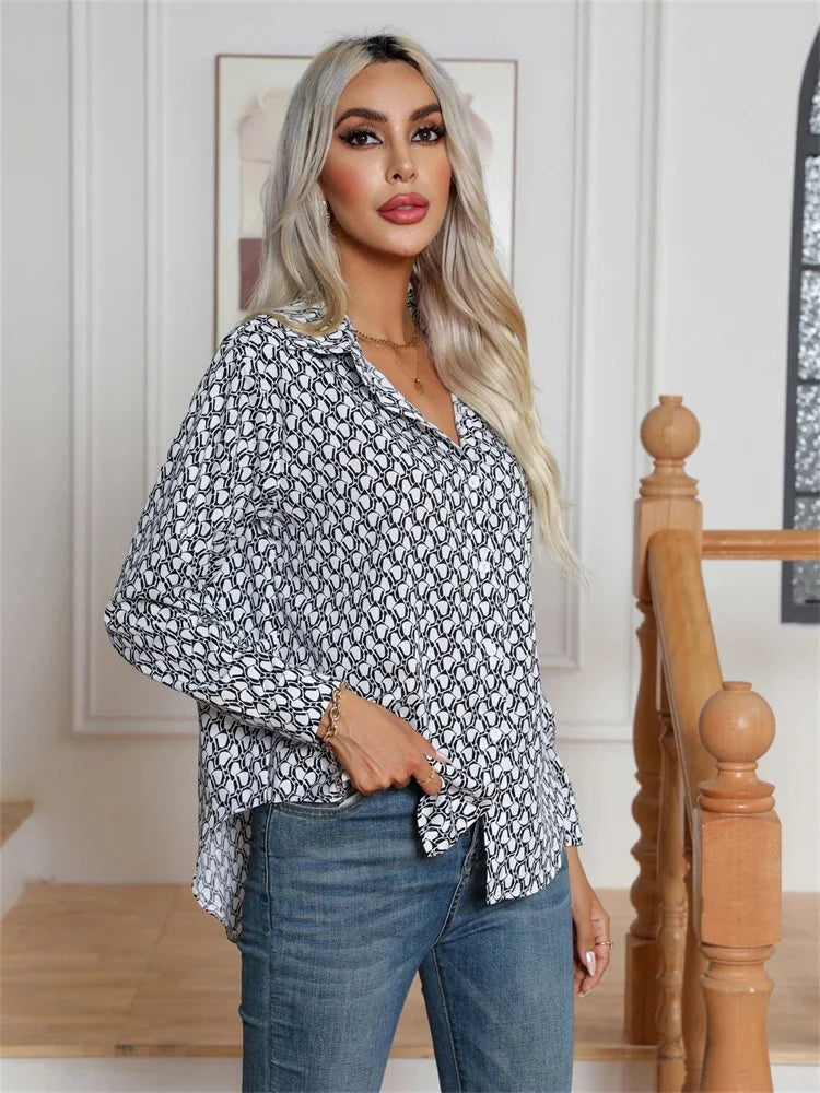 Women Casual Loose Fit Printed Blouse Shirt with Turn-Down Collar Long Sleeve Spring and Summer Top