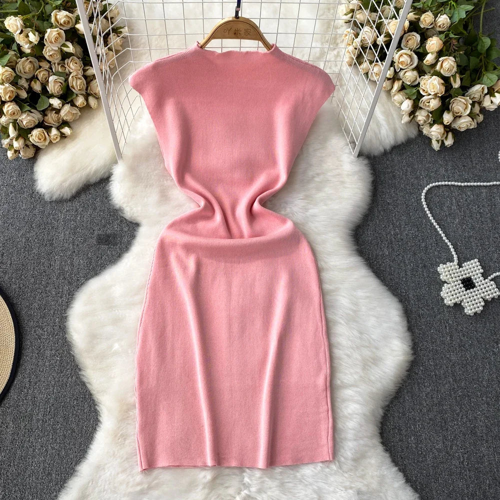 Pink Backless Summer Knit Bodycon Beach Dress for Women