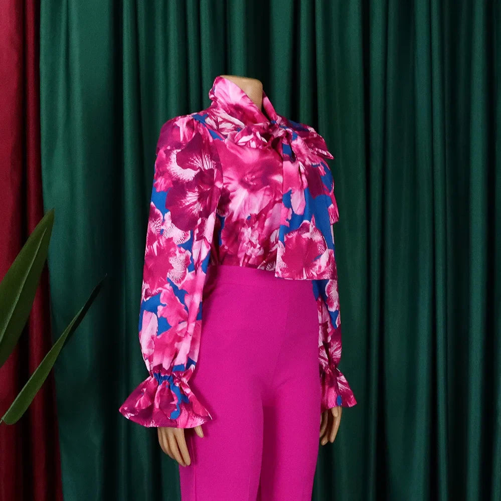 Elegant Full Sleeve Bow Collar Printed Blouse for Women Stylish Business Workwear Shirt Tops