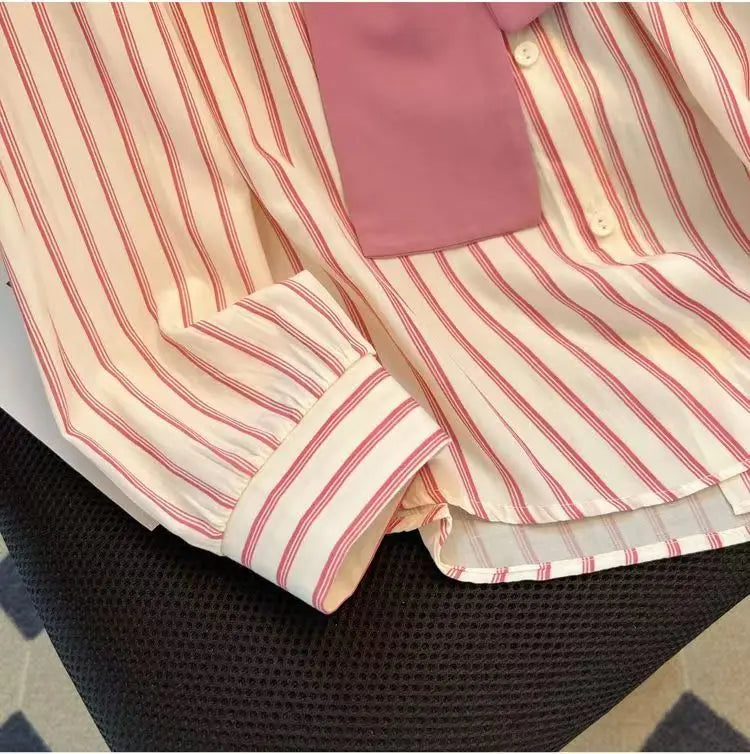 Chic Casual Fake Two Piece Long Sleeve Stripe Shirt for Women Stylish Matching Blouse Top