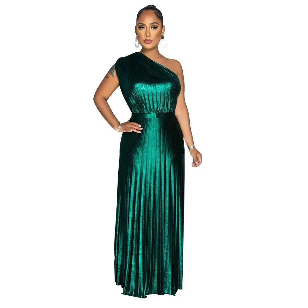 One Shoulder Metallic Pleated Maxi Dress Evening Gown