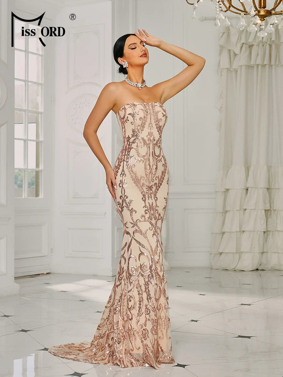 Strapless Sequin Mermaid Dress For Evening Wedding Party