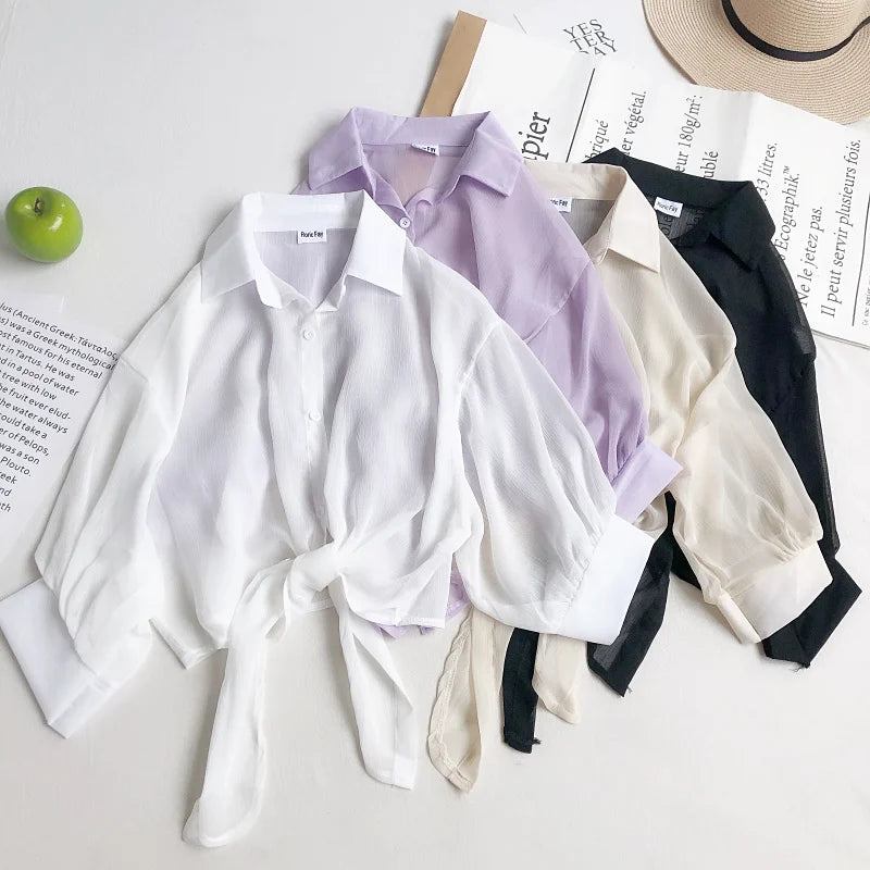 Women Buttoned Up Chiffon Blouse Tied Waist Crop Top Office Lady Shirt Thin and Lightweight