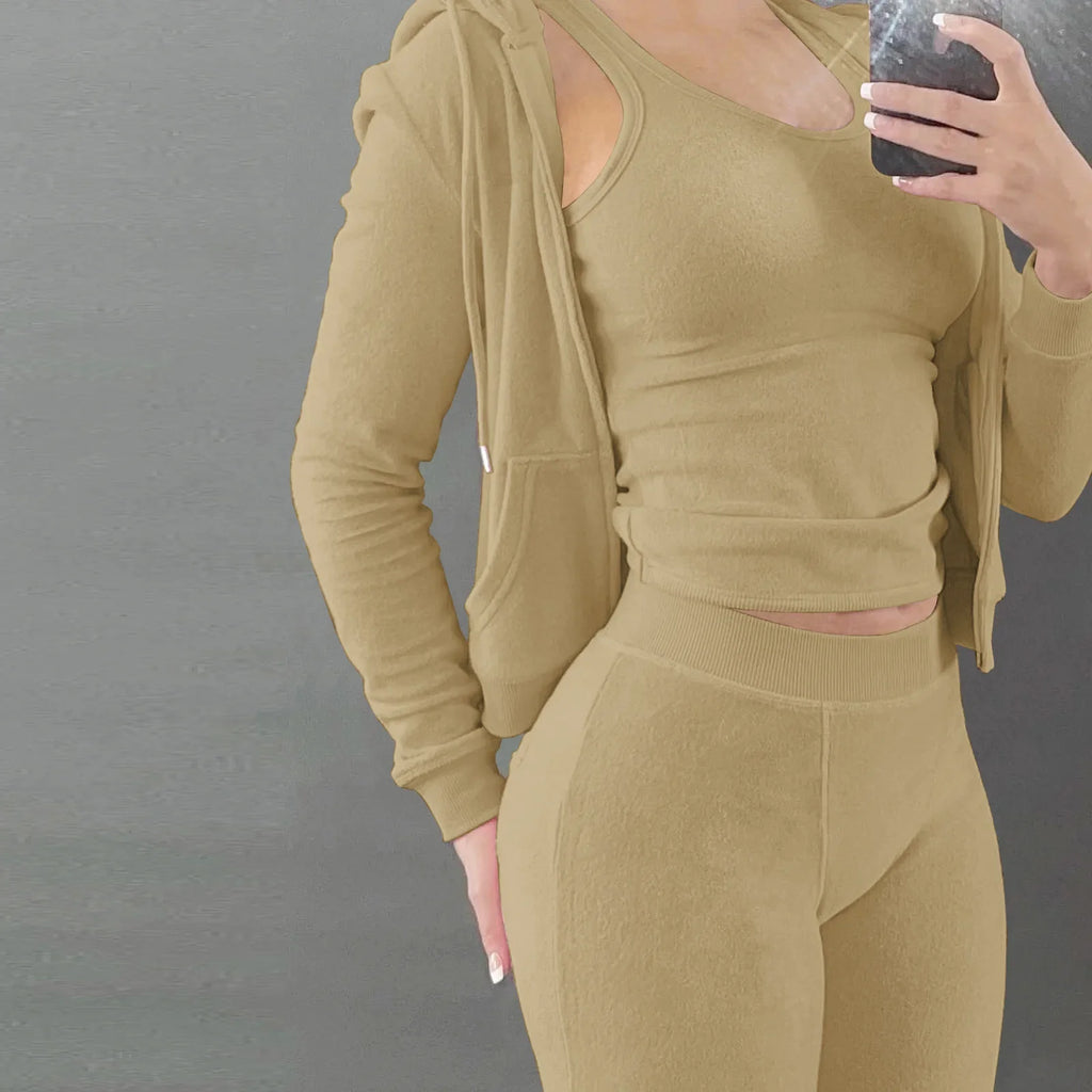 Women Thick Fleece 3 Piece Jogger Sweatsuit Set with Sweatpants, Vest and Hoodie for Fall and Winter