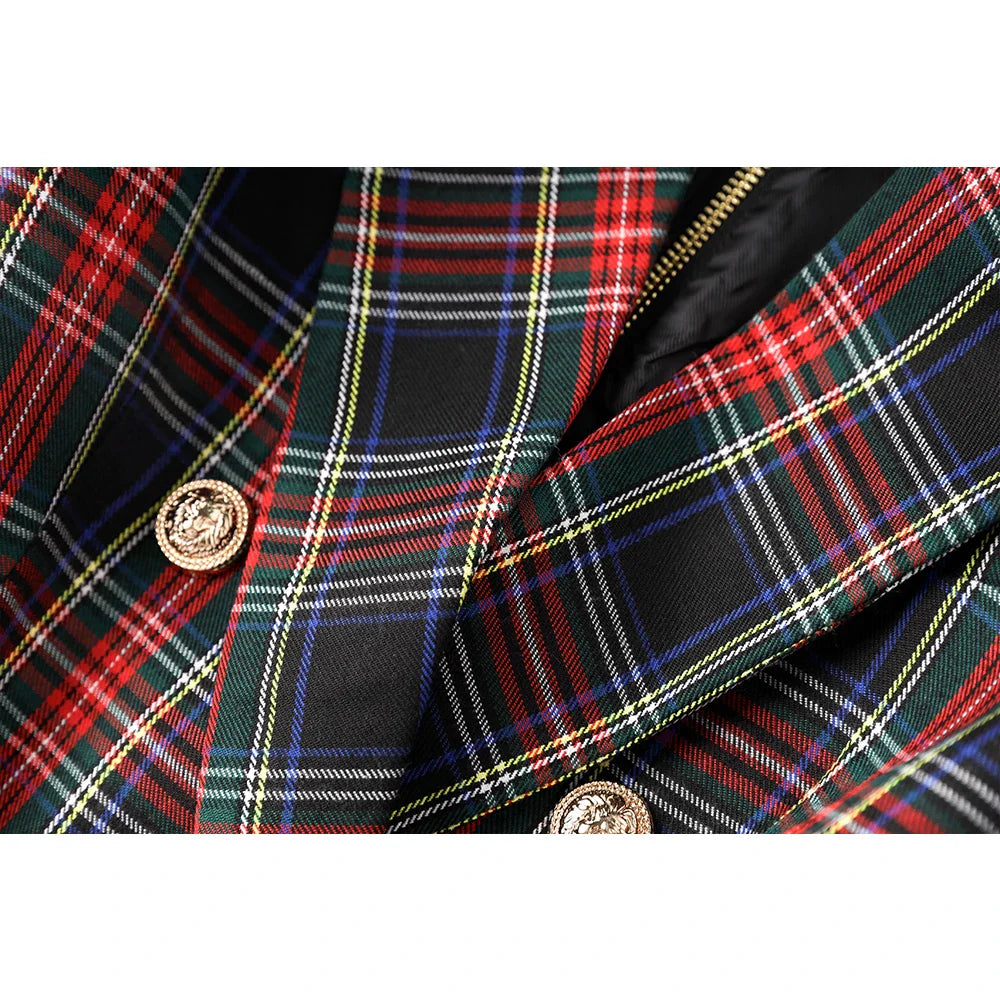 Black Red Plaid Blazer Dress With Belt For Office Women