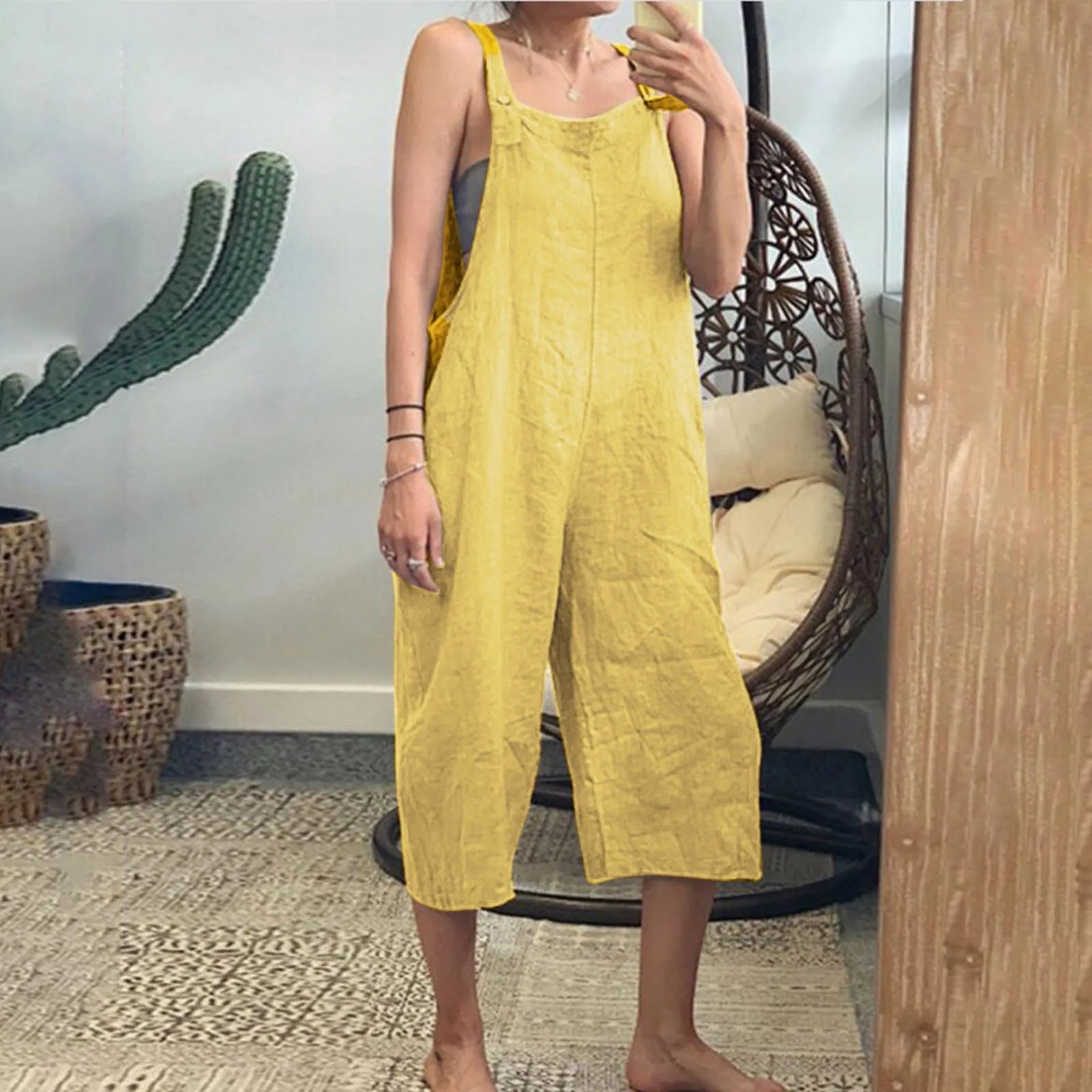 Solid Color Women Loose Cotton Linen Sleeveless Harem Jumpsuit Wide Leg Overalls Vintage Style Casual Romper Pants