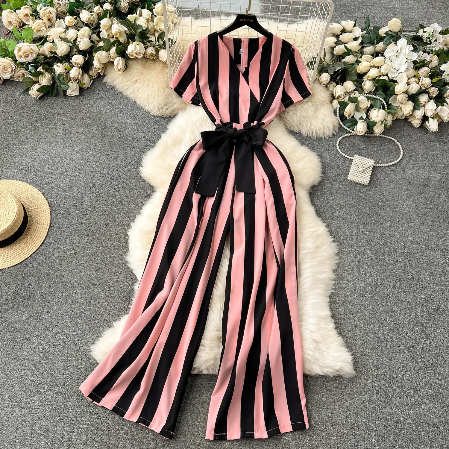 Sleeveless V Neck Stripe Jumpsuit for Women with Lace Up Bow Detail Summer Long Romper High Street Korean Inspired Style