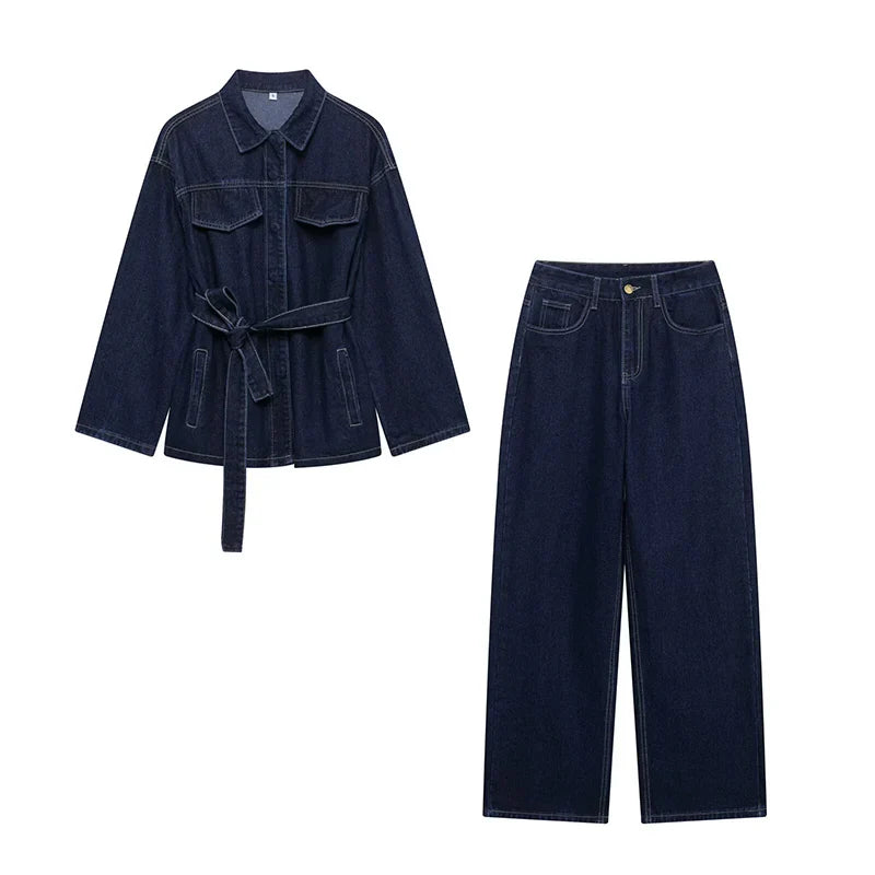 Chic Women's Denim 2 Piece Set With Belt Featuring Solid Jacket And Vintage Zipper Trousers