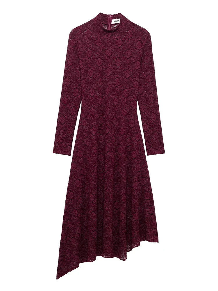Lace Midi Dress Solid Hollow Out Asymmetric Long Sleeve