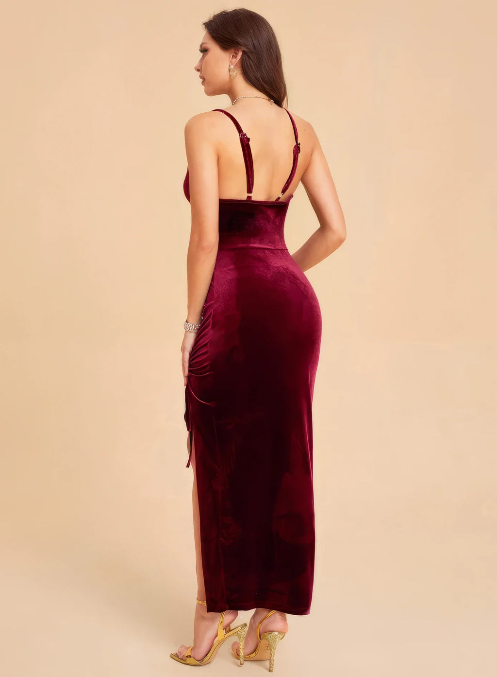 Sexy Velvet Suspender Dress With Side Slit Drawstring
