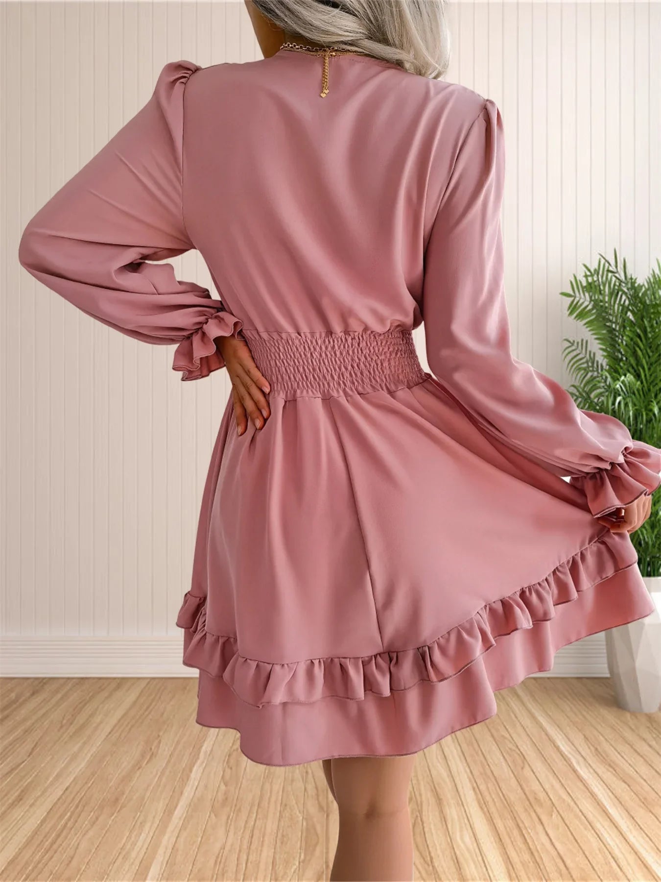 Womens V Neck Knot Front Smocked Waist Tiered Skater Dress